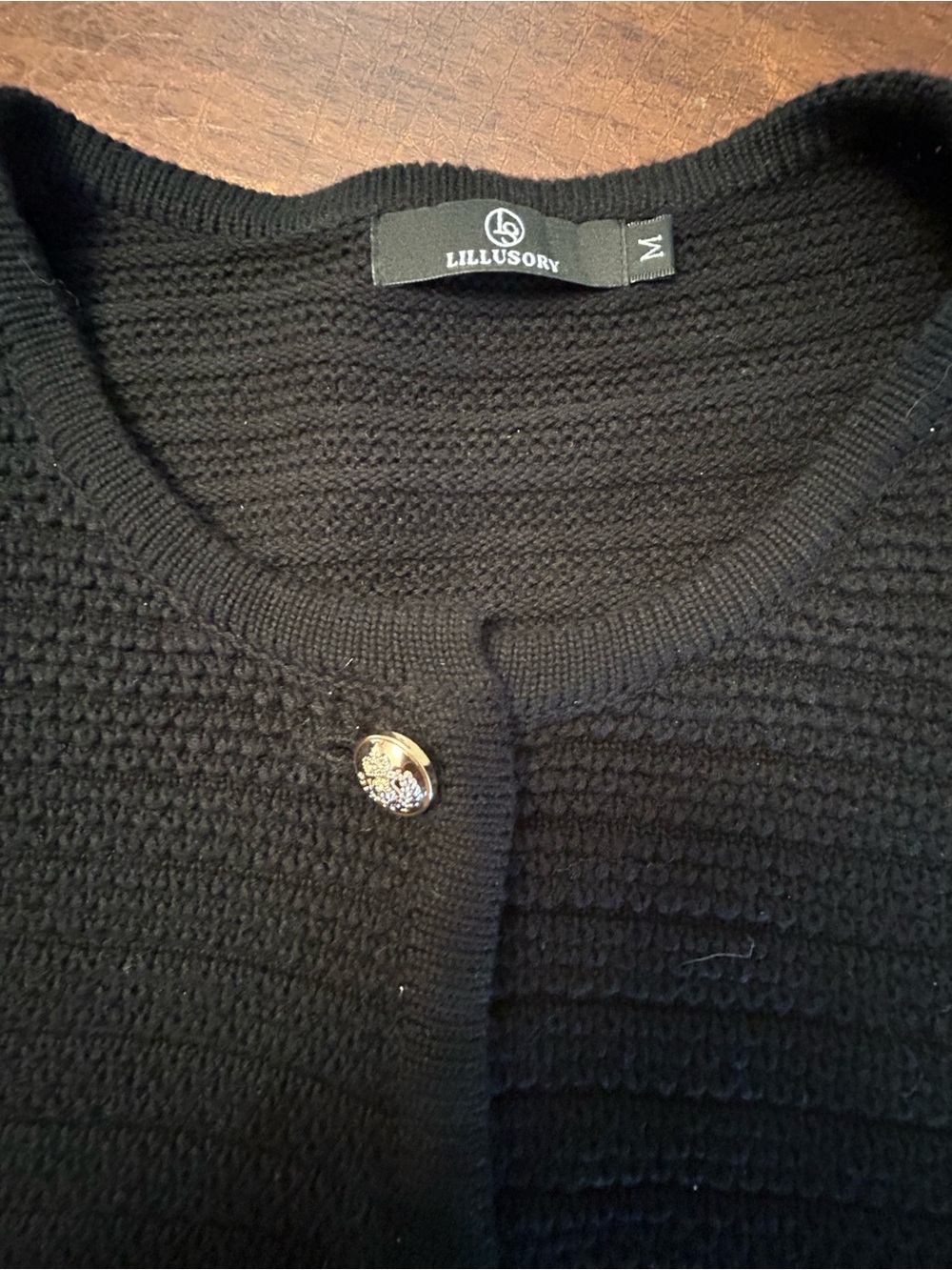 Lillusory Woman’s Black Knit Button-Up Cardigan with Gold Buttons SZ M EUC - Picture 10 of 11